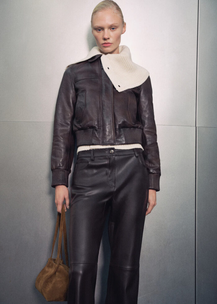 brown leather bomber jacket