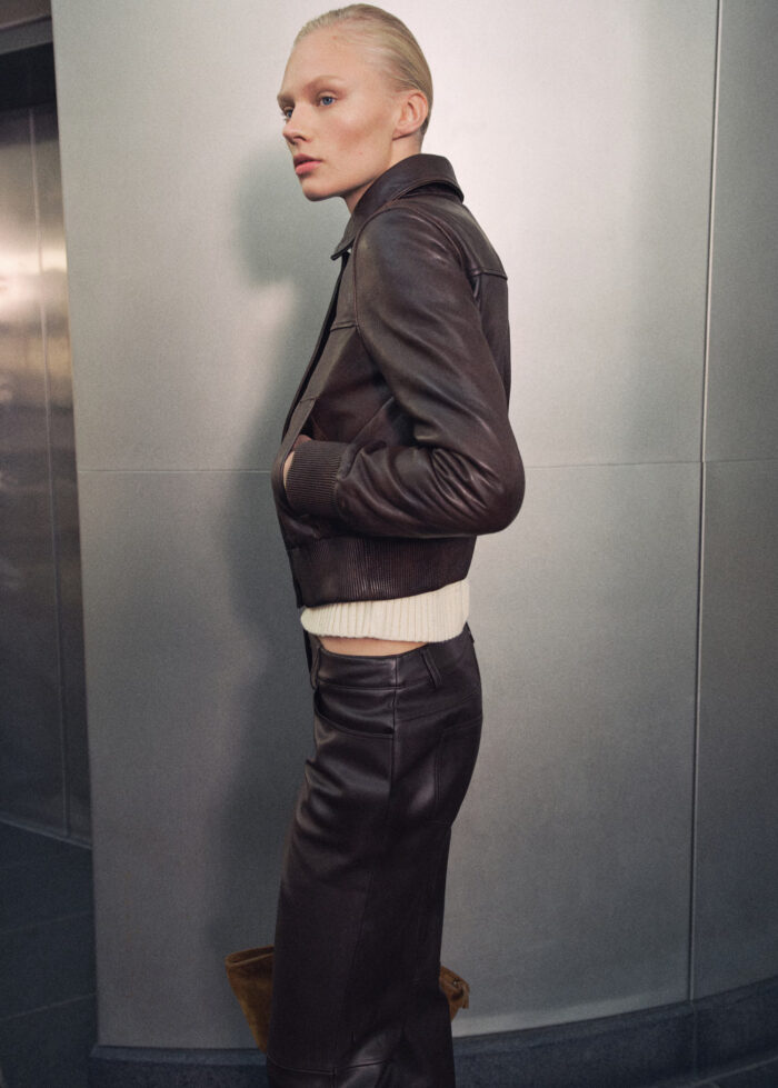 brown leather bomber jacket