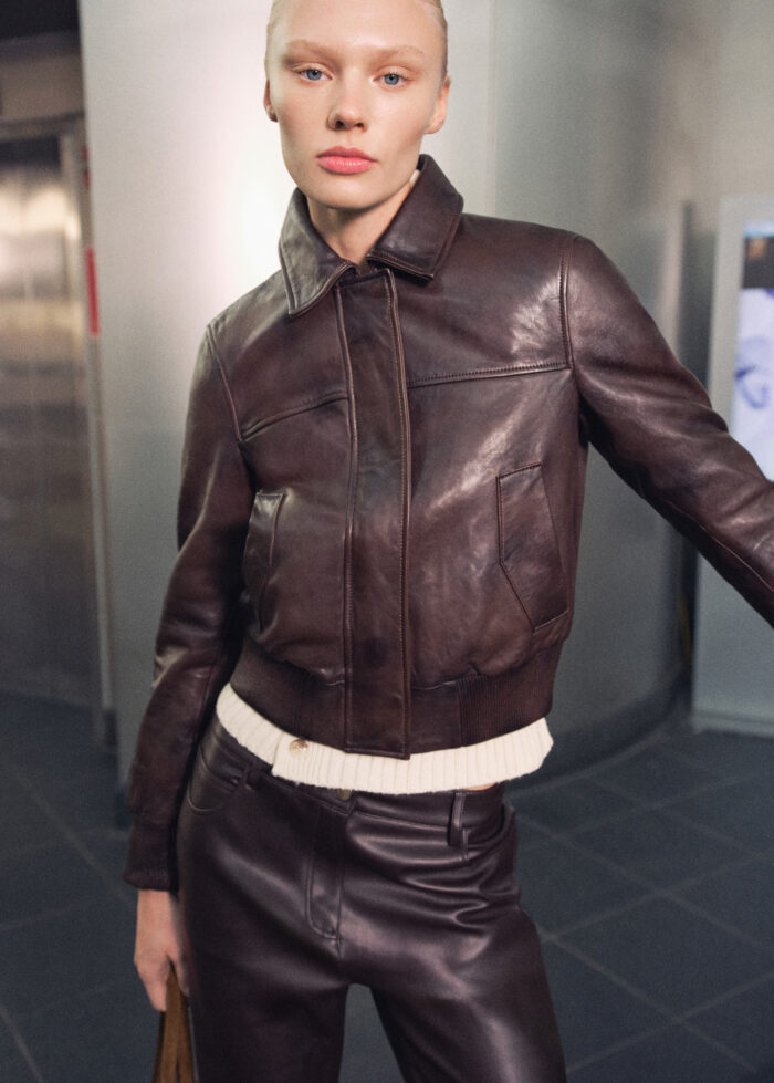 brown leather bomber jacket