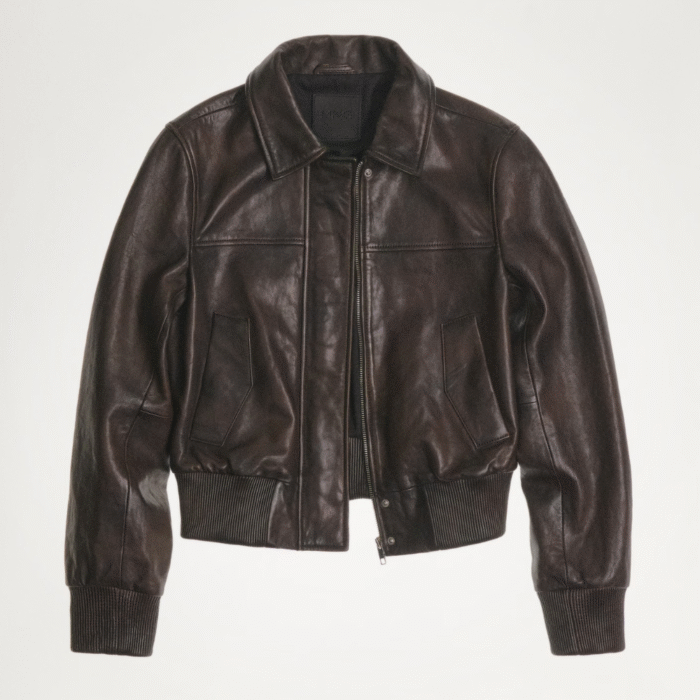 brown leather bomber jacket