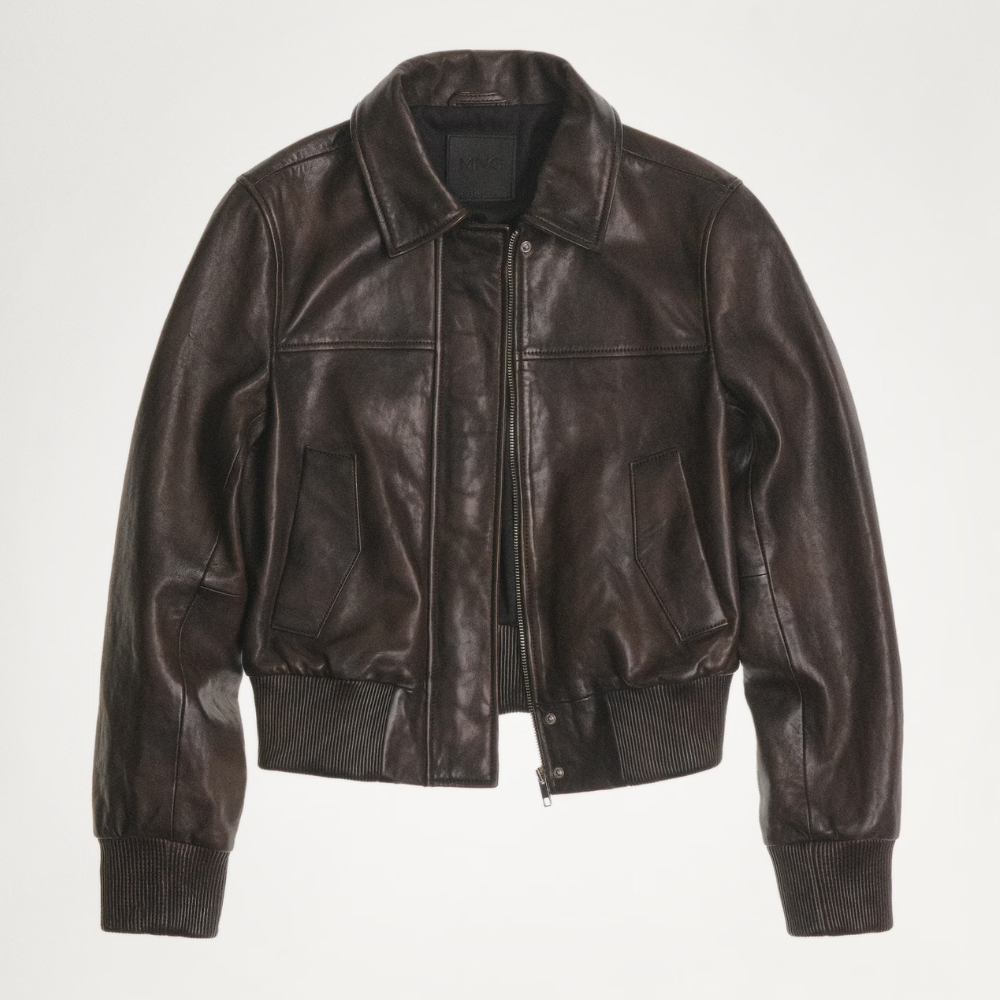 brown leather bomber jacket