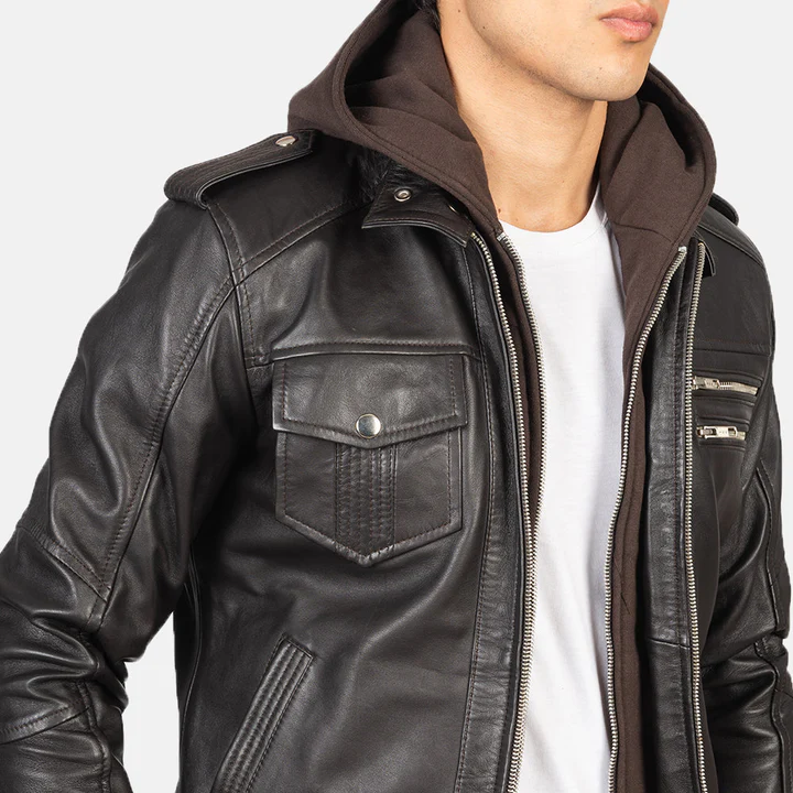 leather jacket with hood
