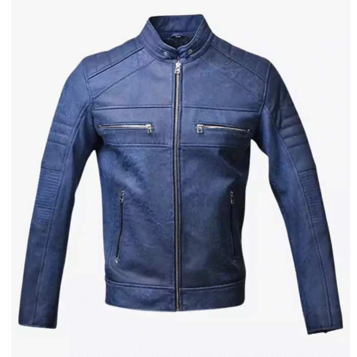 blue leather jacket​