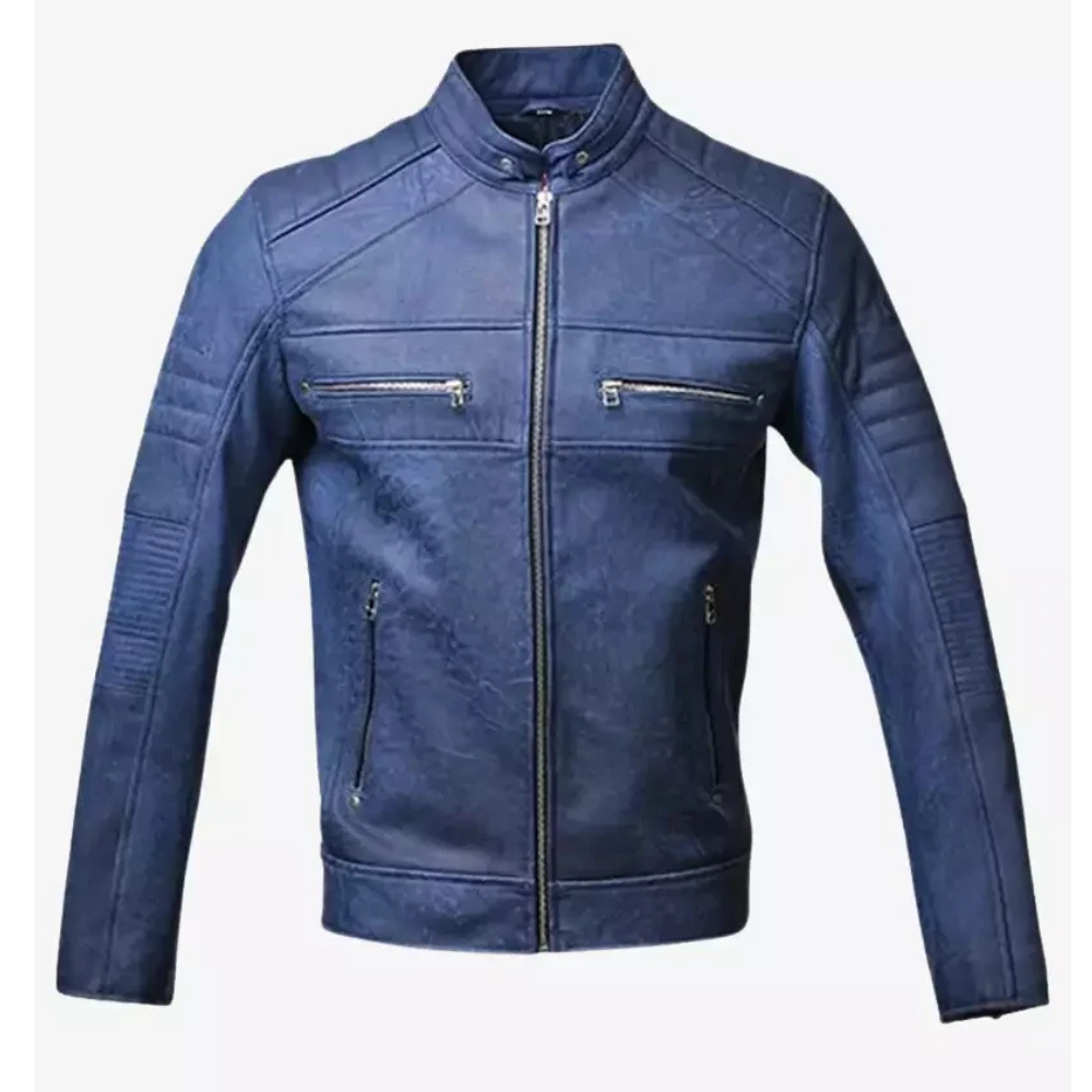 blue leather jacket​