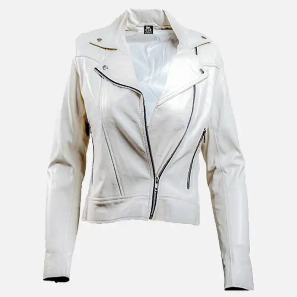 white leather biker jacket womens