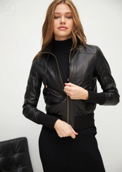 Women's Black Nappa Leather Bomber Jacket with Knitted Collar