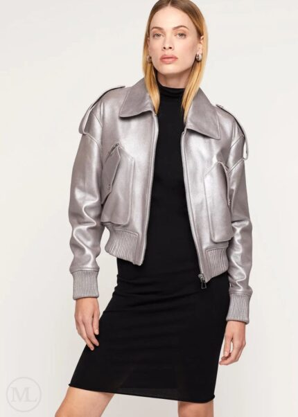 Women's Metallic Silver Bomber Jacket with Shearling Collar