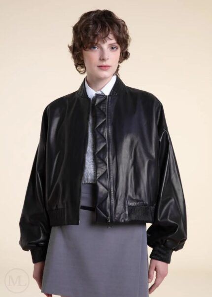 Women's Black Oversized Leather Bomber Jacket