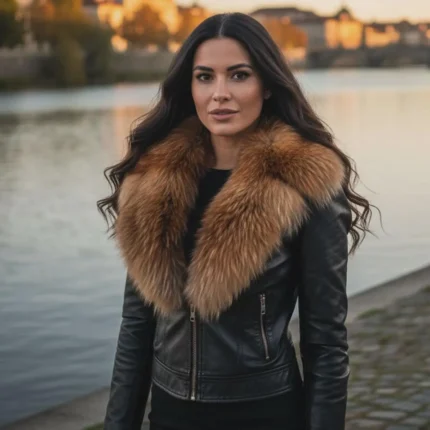 Women's Genuine Leather Biker Jacket with Fox Fur Collar