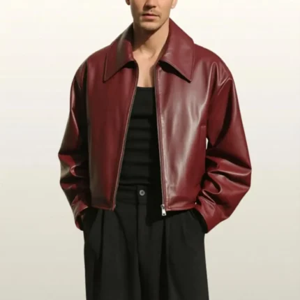 Men's Burgundy Leather Bomber Jacket