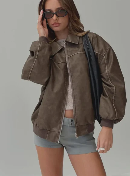 Women's Washed Brown Faux Leather Bomber Jacket