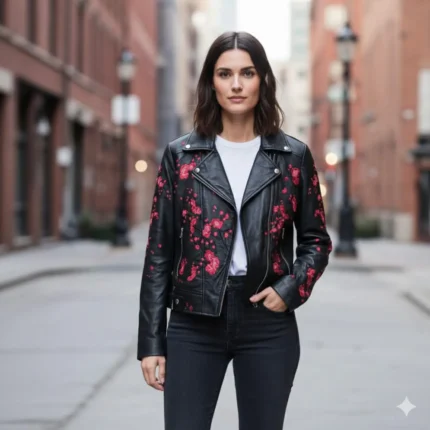 Women's Black Floral Embroidered Leather Biker Jacket